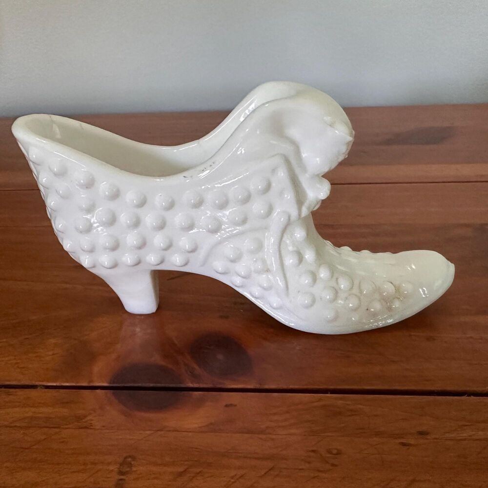 Vintage 1970s Fenton White Milk Glass Hobnail Slipper with Original Label